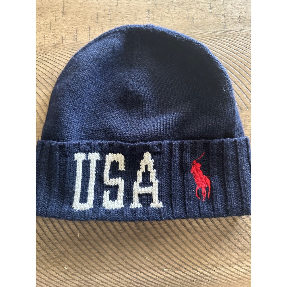 Polo Ralph Lauren USA American Flag Knit Beanie Navy Blue Cuffed Skull Cap